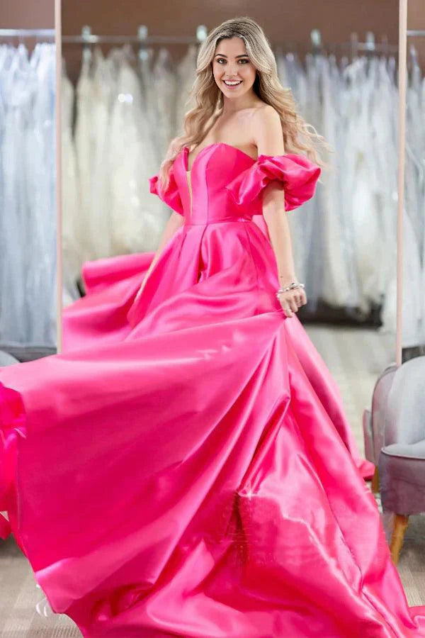 Vestidos de noche para graduación sencillos con hombros descubiertos y mangas abullonadas en rosa intenso